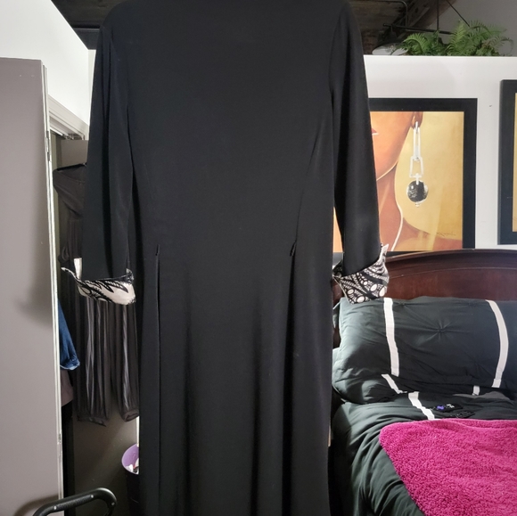 Cache Black Dress with pastel print collar n bust area above the knee w/a belt - Picture 2 of 5